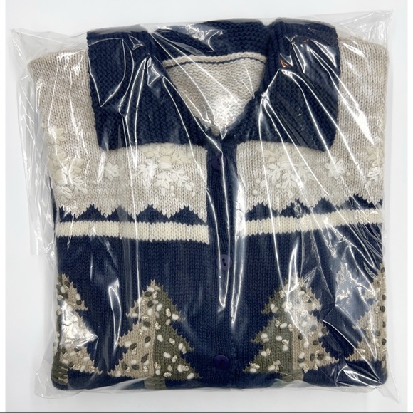 Navy Beige Button Down Embroidered Christmas Scene Sweater Knit Cardigan - Picture 16 of 16